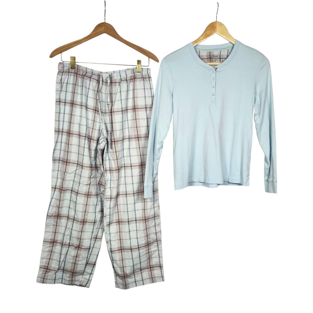 L.L.Bean Womens Blue Flannel Plaid Pajama Set Long Sleeve Henley Medium Petites‎
